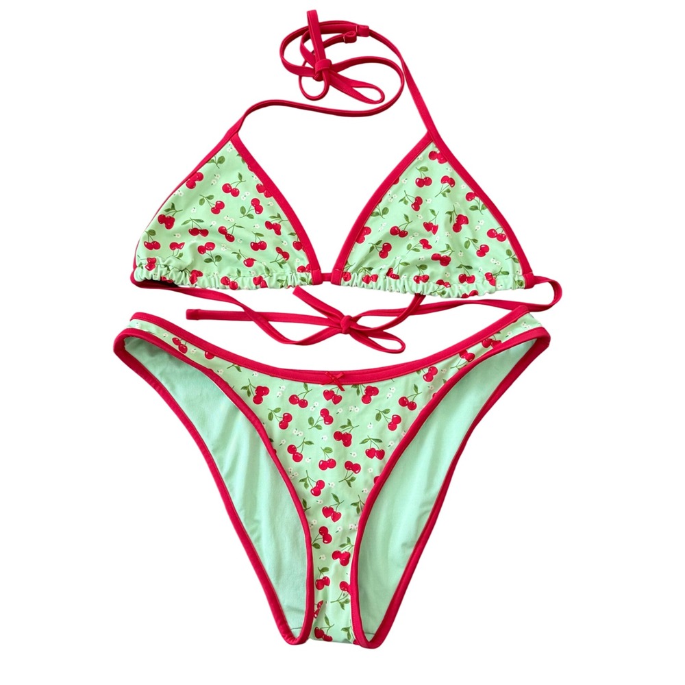 PINK by Frankies Bikinis Cherry Print Triangle Bikini Set Mint Red Large NWT